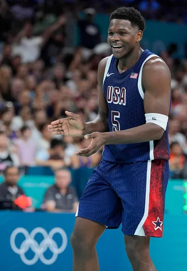 United States guard Anthony Edwards (5) reacts after a play in the second quarter against Serbia during the Paris 2024 Olympic Summer Games at Stade Pierre-Mauroy.