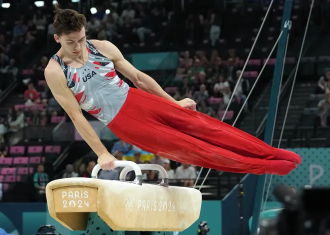 Jul 29, 2024; Paris, France; Stephen Nedoroscik performs on the pommel horse during the men’s team final during the Paris 2024 Olympic Summer Games at Bercy Arena. Mandatory Credit: James Lang-USA TODAY Sports"