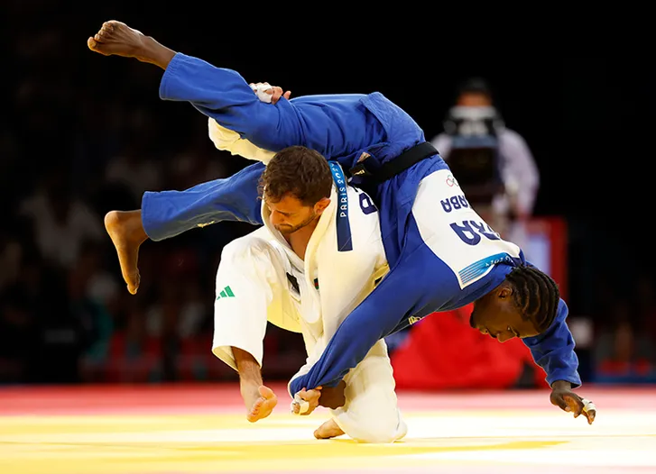 Joan-Benjamin Gaba (FRA) competes against Hidayat Heydarov (AZE) in a men's 73kg judo gold medal match during the Paris 2024 Olympic Summer Games at Champ-de-Mars Arena on July 29, 2024.