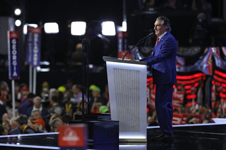 North Dakota Gov. Doug Burgum speaks during the third day of the Republican National