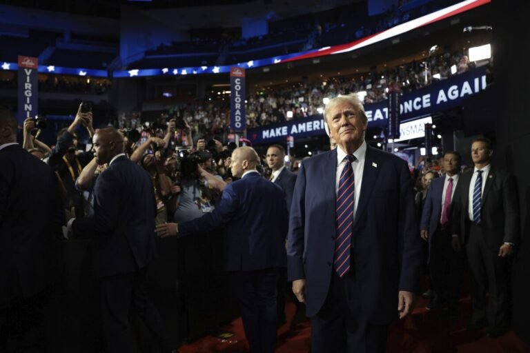 Former President Donald Trump arrives on the third day of the Republican National Convention at the Fiserv Forum.