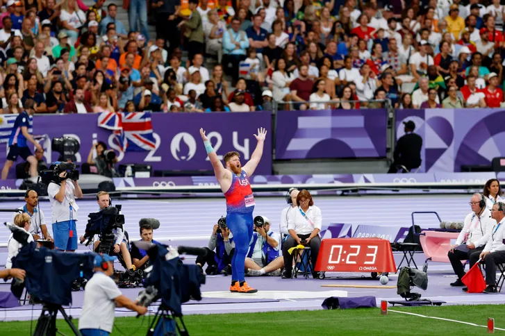 Ryan Crouser (USA) competes in the men’s shot put final during the Paris 2024 Olympic Summer Games on Aug. 3, 2024 at Stade de France.