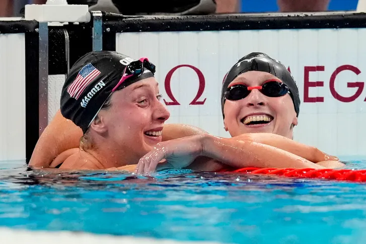 Katie Ledecky (USA) and Paige Madden (USA) in the women’s 800-meter freestyle final during the Paris 2024 Olympic Summer Games on Aug. 3, 2024 at Paris La Défense Arena.