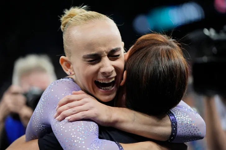 Alice D'Amato of Italy celebrates after winning gold in the beam on day three of the gymnastics event finals during the Paris 2024 Olympic Summer Games on Aug. 5, 2024.