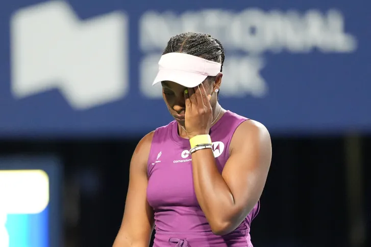 Sloane Stephens (USA) reacts after losing a point to Greet Minnen (not pictured) during first round play at Sobeys Stadium on Aug. 6, 2024.