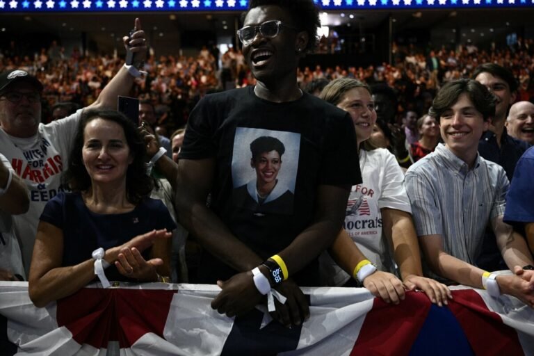 Aug 6, 2024 | A supporter wears a shirt with Vice President Kamala Harris’ college yearbook photo, during her campaign rally at Temple University's Liacouras Center in Philadelphia.