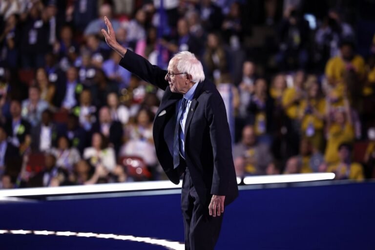 Aug. 20, 2024 | Chicago | Sen. Bernie Sanders waves to the crowd after speaking on stage during the second day of the Democratic National Convention.