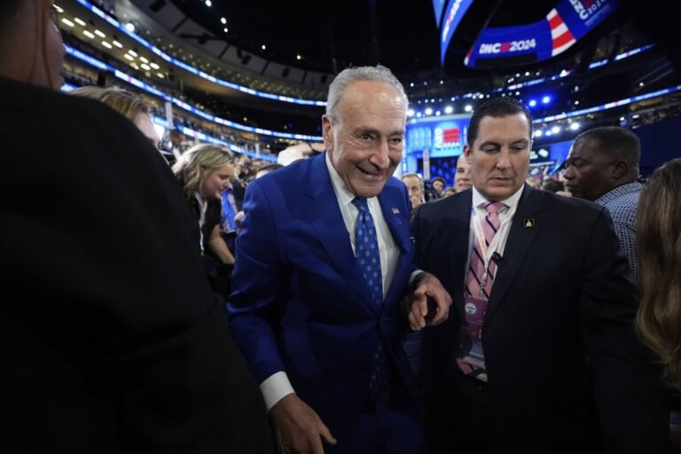 Aug. 20, 2024 | Chicago | Sen. Chuck Schumer walks onto the convention floor during the Democratic National Convention.