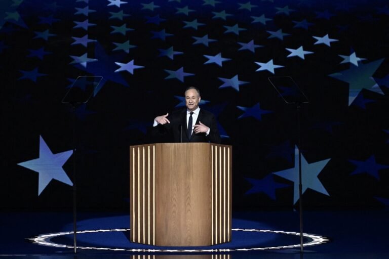 Aug. 20, 2024 | Chicago | Second gentleman Douglas Emhoff speaks on the second day of the Democratic National Convention.