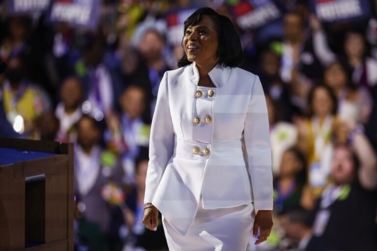 Aug. 20, 2024 | Chicago | Maryland Democratic Senate candidate Angela Alsobrooks departs after speaking on stage during the second day of the Democratic National Convention.