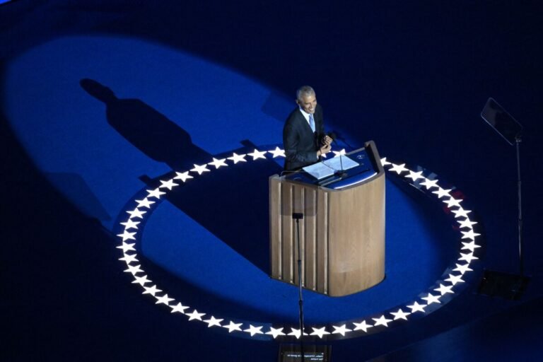 Aug. 20, 2024 | Chicago | Former President Barack Obama speaks on the second day of the Democratic National Convention.