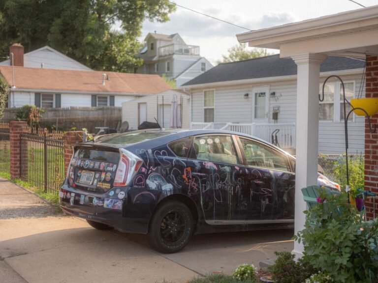 July 27, 2024 | A Toyota Prius decorated with rainbows and hearts is parked in a neighborhood driveway. Falls Church is less than 10 miles from Washington, D.C.