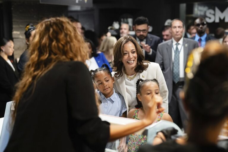 July 19, 2024 | Vice President Kamala Harris orders ice cream with her nieces from Tyra Banks at the opening of Banks' new pop-up ice cream shop in Washington, DC. On July 21, after President Biden announced he will withdraw from the presidential race, Harris announced she will "earn and win" the presidential nomination.