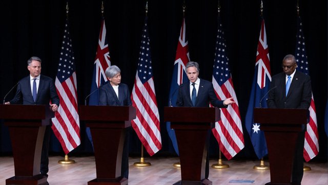 Secretary Antony J. Blinken, Secretary of Defense Lloyd J. Austin III, Australian Deputy Prime Minister and Minister for Defense Richard Marles, and Australian Foreign Minister Penny Wong at a Joint Press Availability