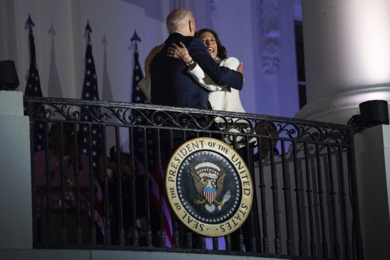 July 4, 2024 | President Joe Biden hugs Vice President Kamala Harris after viewing the Independence Day firework display from the balcony of the White House in Washington, D.C.