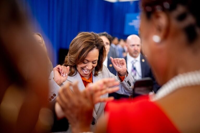 June 7, 2024 | Vice President Kamala Harris reacts as she greets members of the audience after speaking at a campaign event in Landover, Maryland.