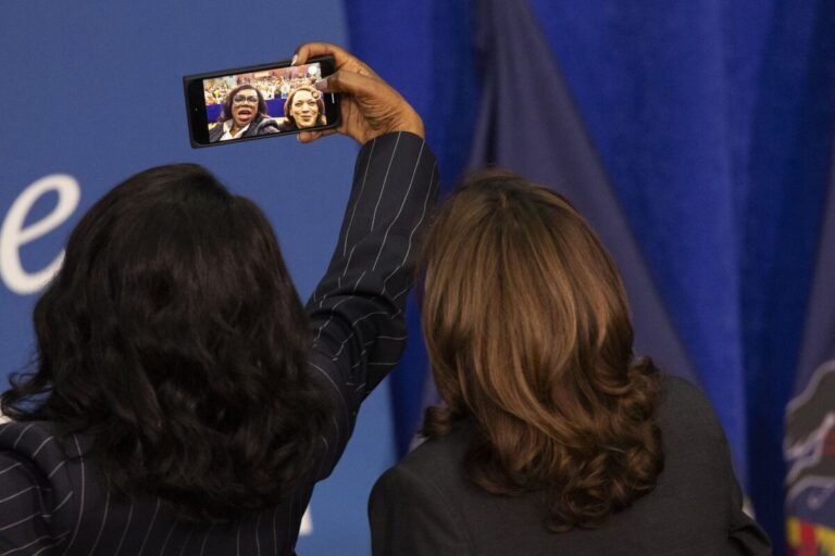 May 8, 2024 | Vice President Kamala Harris takes a picture with actress Sheryl Lee Ralph after Harris spoke about reproductive freedoms at Salus University, in Elkins Park, Pennsylvania.