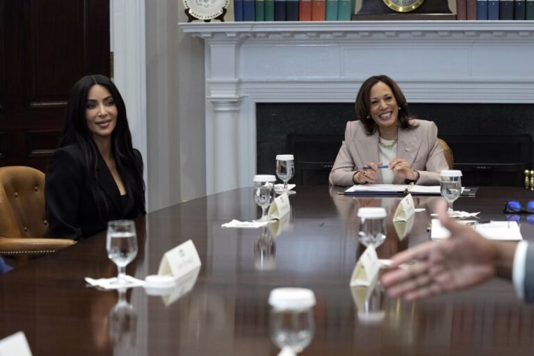 April 25, 2024 | Vice President Kamala Harris and Kim Kardashian attend a discussion on criminal justice reform at the White House in Washington, D.C.