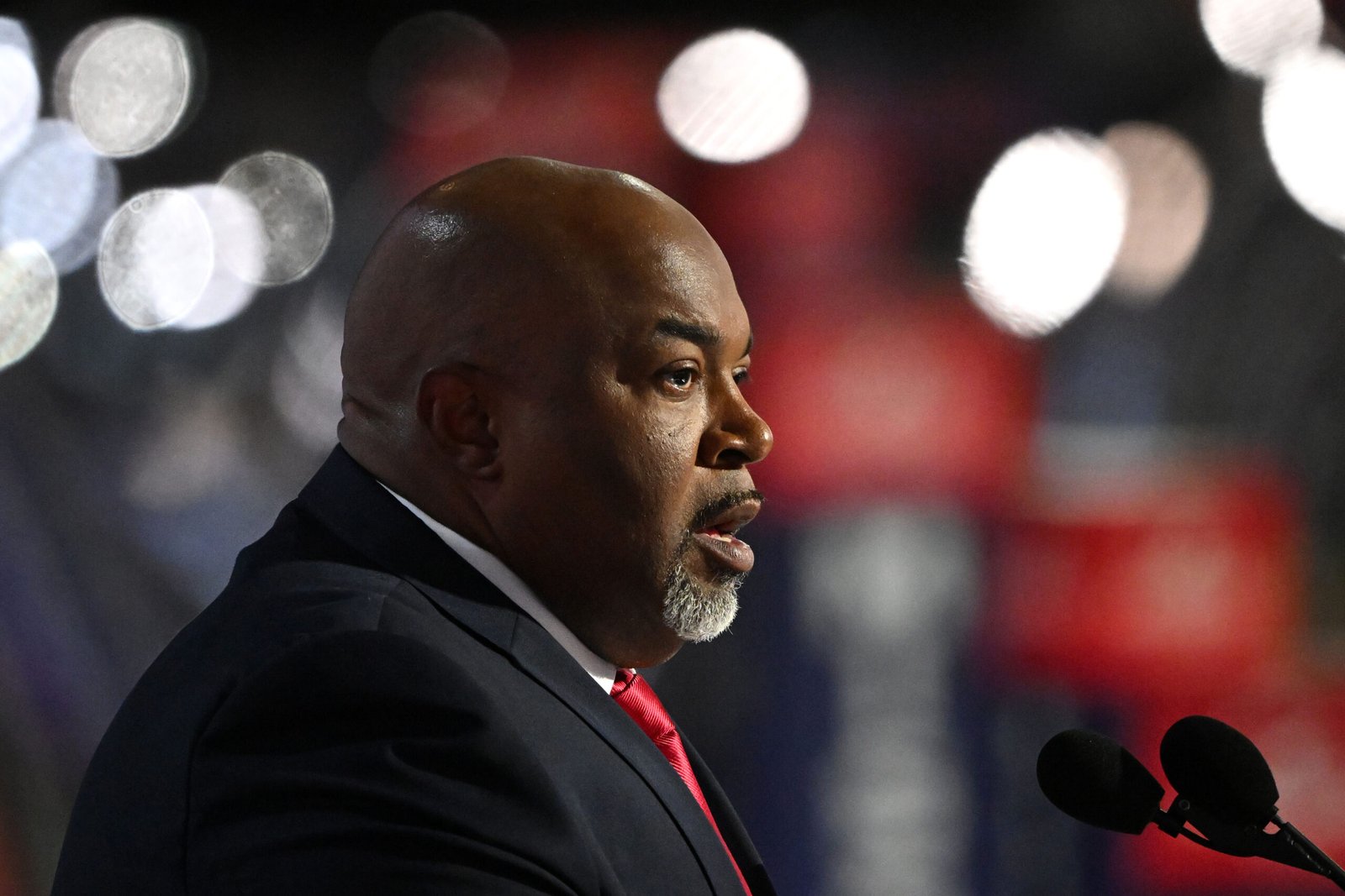 North Carolina Lt. Gov. Mark Robinson speaks during the Republican National Convention in Milwaukee, on July 15, 2024.