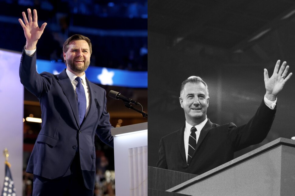 Sen. JD Vance waves during the RNC in Milwaukee. At right, Gov. Spiro Agnew addresses the 1968 Republican National Convention, in Miami Beach, Florida.