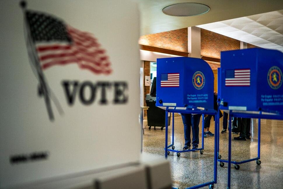 A voting center is pictured during early voting in the presidential primary election, on March 26, in Freeport, N.Y.