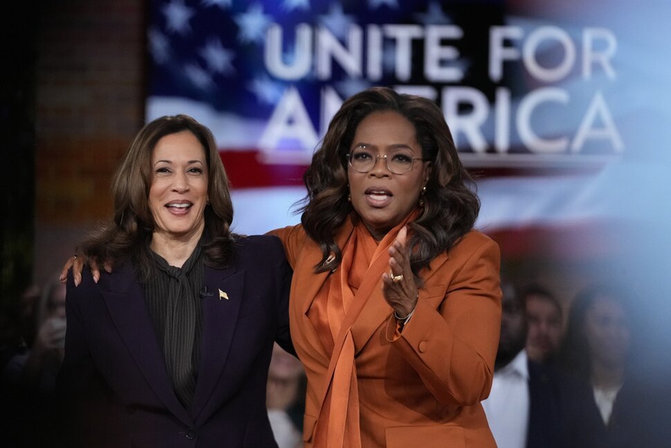 Democratic presidential nominee Vice President Kamala Harris joins Oprah Winfrey at Oprah's Unite for America Live Streaming event on Thursday, Sept. 19, 2024 in Farmington Hills, Mich.