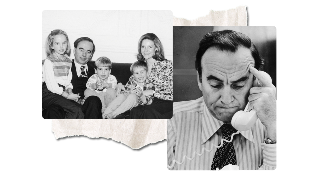 Rupert Murdoch pictured in 1977 with his then-wife Anna and their three children, Elisabeth, 9, Lachlan, 6 and James, 5. (right) Rupert Murdoch on the job in 1975. (Getty Images: Bernard Gotfryd)