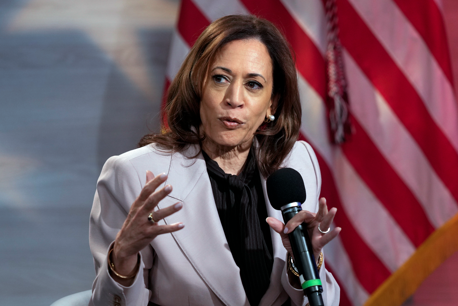 Democratic presidential nominee Vice President Kamala Harris Vice is interviewed by National Association of Black Journalists members in Philadelphia on Sept. 17, 2024.